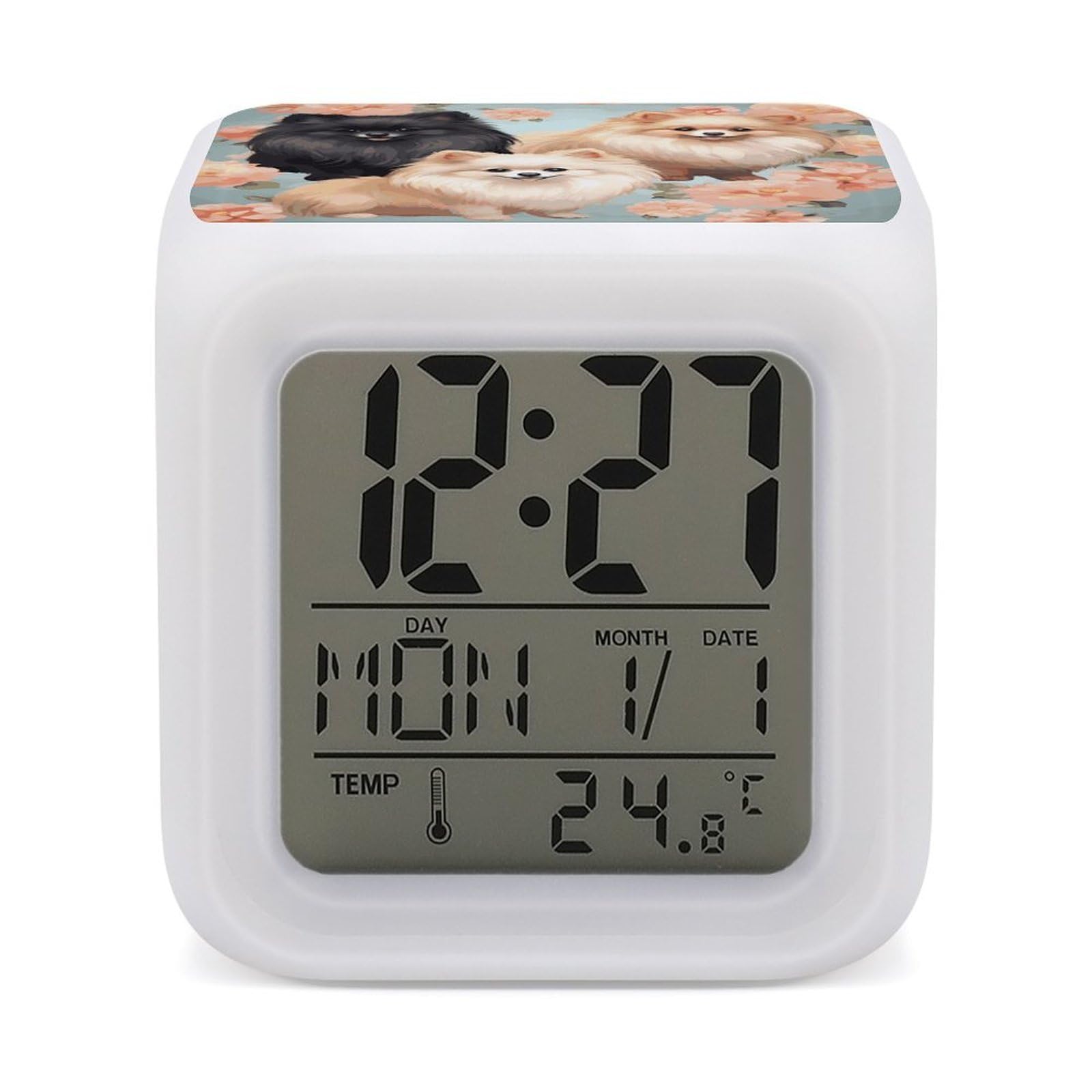 FekiLoot Pomeranians Pattern Alarm Clock for Heavy Sleepers Small Digital Alarm Clock with Date Temperature Wake Up Digital Clocks with 7 Colors Changing Desk Clocks for Bedroom Bedside Nightstand
