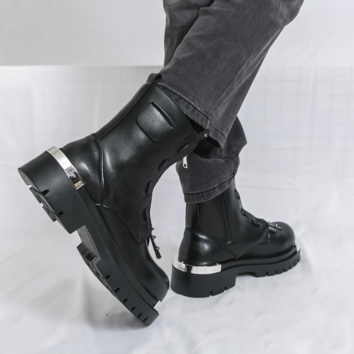 Men's Leather Motorcycle Platform Boots Black Side Zipper Round Toe High Top Chunky Gothic Punk Boots Comfort Lightweight Non-Slip for Daily Riding Casual Wear Party Walking Work Night Out