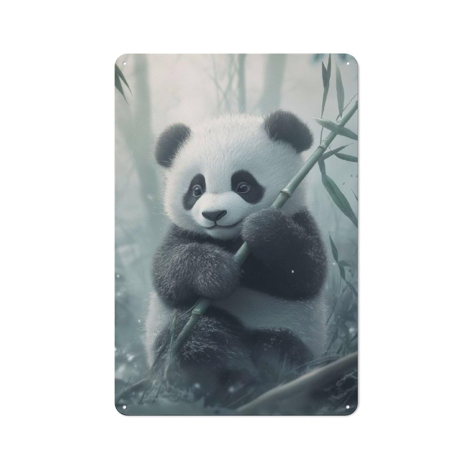 Tin Sign 30x20cm with Cute Panda with Bamboo Shoot for Hallway Wall, Retro Decor, Suited to Hallway Decor Lovers