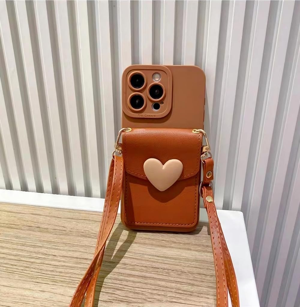 SGVAHY for iPhone 13 Pro Max Case with Strap Card Holder Crossbody Lanyard, Cute Phone Wallet Case for Women Girls, Brown Heart Design Leather Purse Soft Silicone Cover for iPhone 13 Pro Max - Image 4