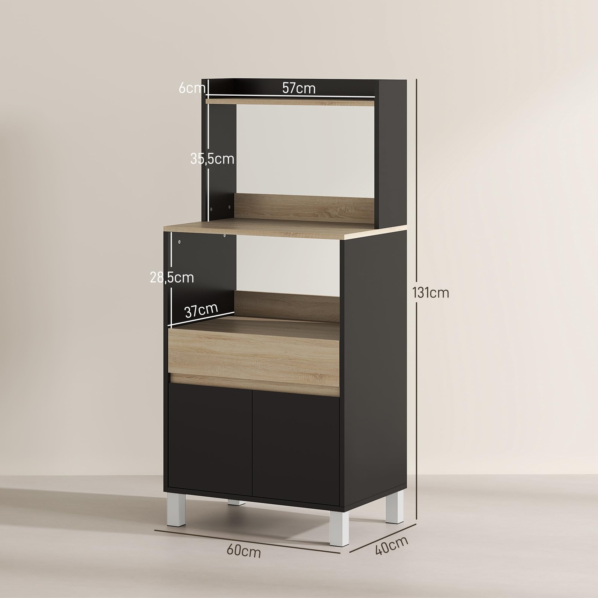 HOMCOM Meuble Micro Onde Buffet Cuisine 60 x 40 x 131 cm Chêne Noir | avec Placard, Tiroir, Étagère Supérieur, Meuble Micro Ondes Cuisine Rangement, pour Salle à Manger, Salon