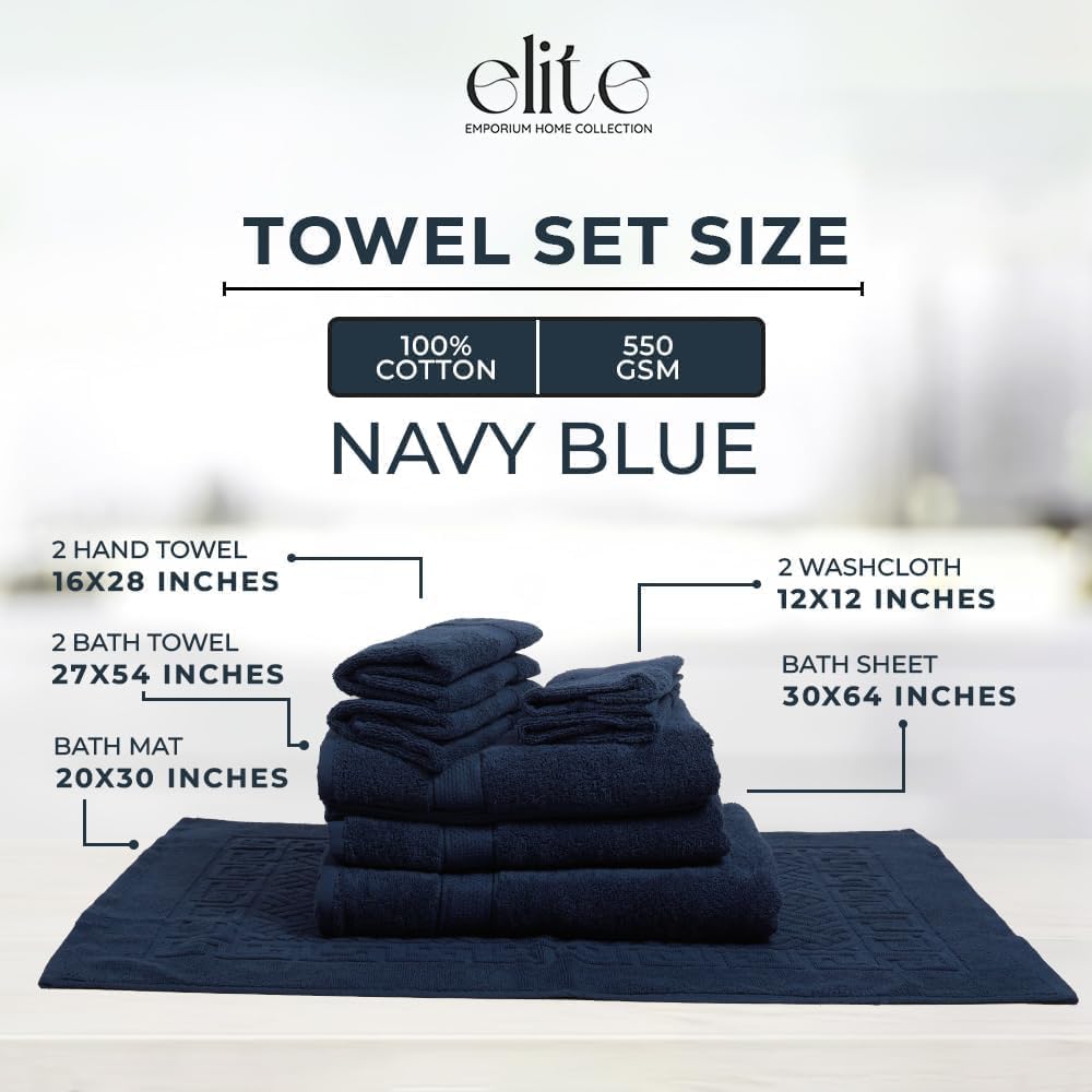 ELITE Emporium Home Collection 8-Piece Cotton Bath Towel Set - Ultra Soft, 550 GSM, Quick-Dry - Bath Sheet, Bath Towels, Hand Towels, Washcloths, Bath Mat - Luxury Bathroom Towel Set (Navy Blue)