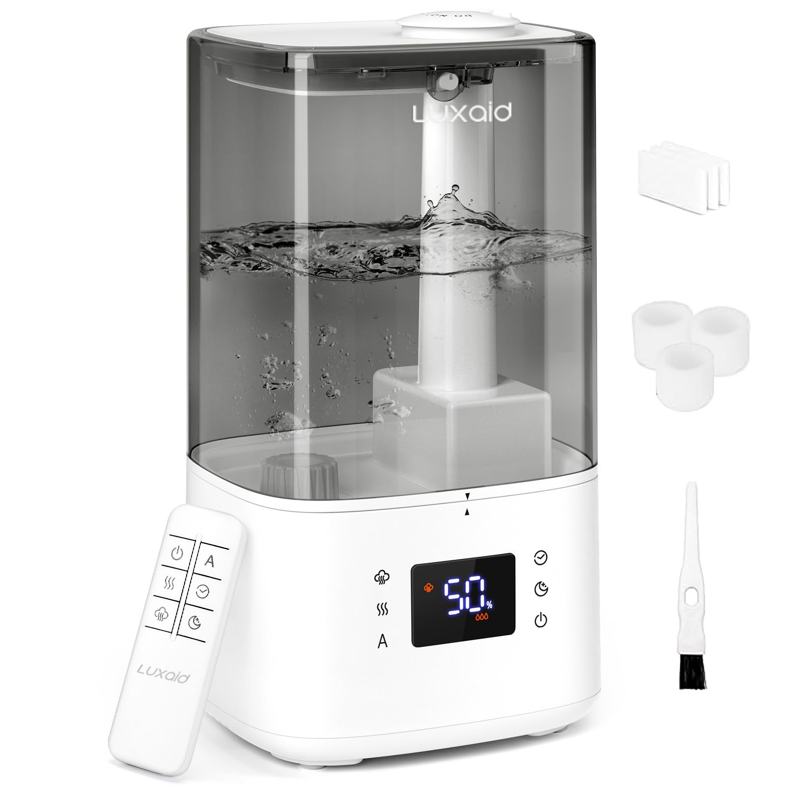 6L Luxaid Warm- und Kaltnebel Luftbefeuchter Schlafzimmer Große Räume mit Fernbedienung & Hygrostat, 28dB Leise Humidifier for Bedroom Baby, Top-Fill, bis 60H, Timer, Auto-Abschaltung, HU-803