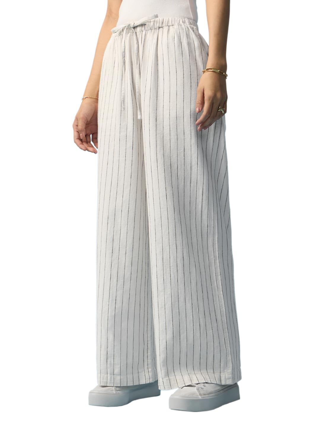the souled store Cotton Linen Pant: Soleil Women and Girls Drawstring Waist Off-White Pinstriped Cotton Linen Blend Wide Leg Breathable Lightweight All-Season Casual Pants-picture-33