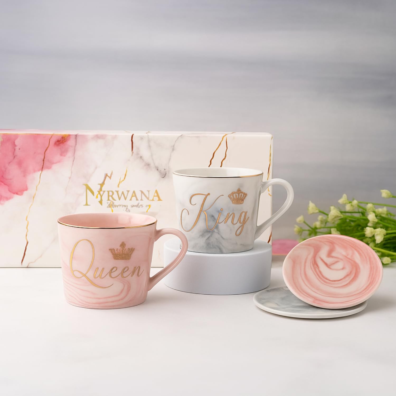 NYRWANA DELIVERING SMILES IN INIDA Coffee Mug, Couple Gifts, for Couples, Wedding Gift for Couples, King & Queen Ceramic Coffee Cups with Glass Lid, Set of 2, Diwali Gifts