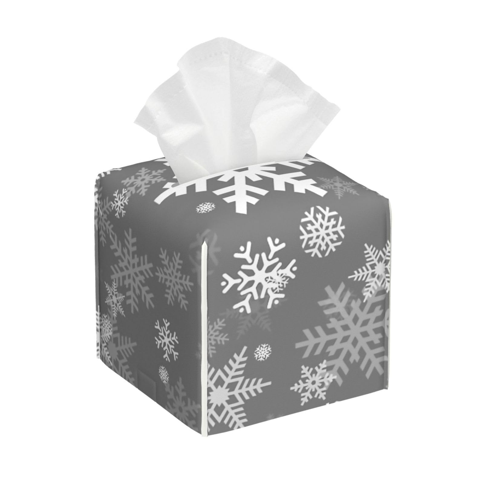 Snowflakes Pattern in Grey Tissue Box Cover, PU Leather Square Decorative Organizer for Tabletop, Bathroom, Bedroom, Office