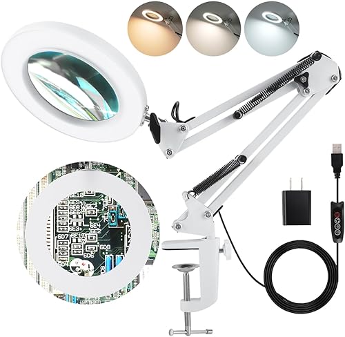 Miniatura 10 de LANCOSC Lupa 10X con luz y soporte, lente de vidrio de grado óptico, 3 modos de color regulable continuo, brazo giratorio ajustable, lámpara de Negro