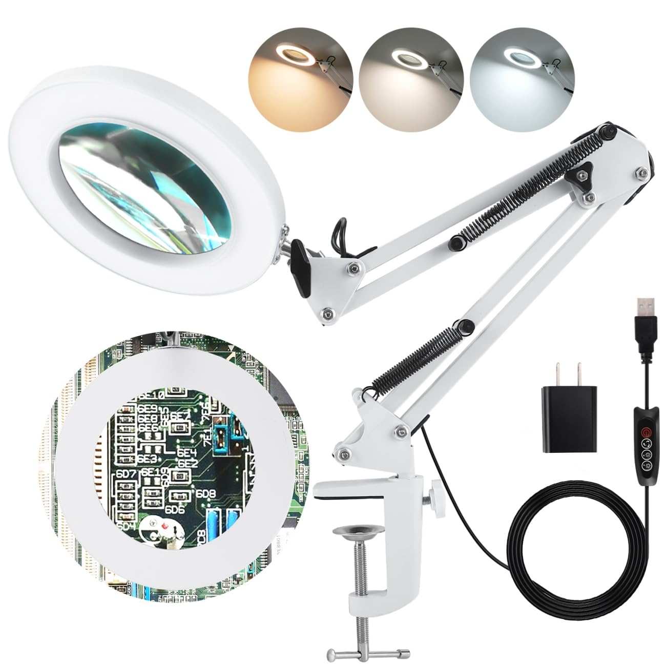 LANCOSC 5X Magnifying Glass with Light and Stand, 3 Color Modes Stepless Dimmable, 8-Diopter Glass Lens, Adjustable Swivel Arm, LED Magnifier Desk Lamp for Close Work, Repair, Crafts, Reading - White