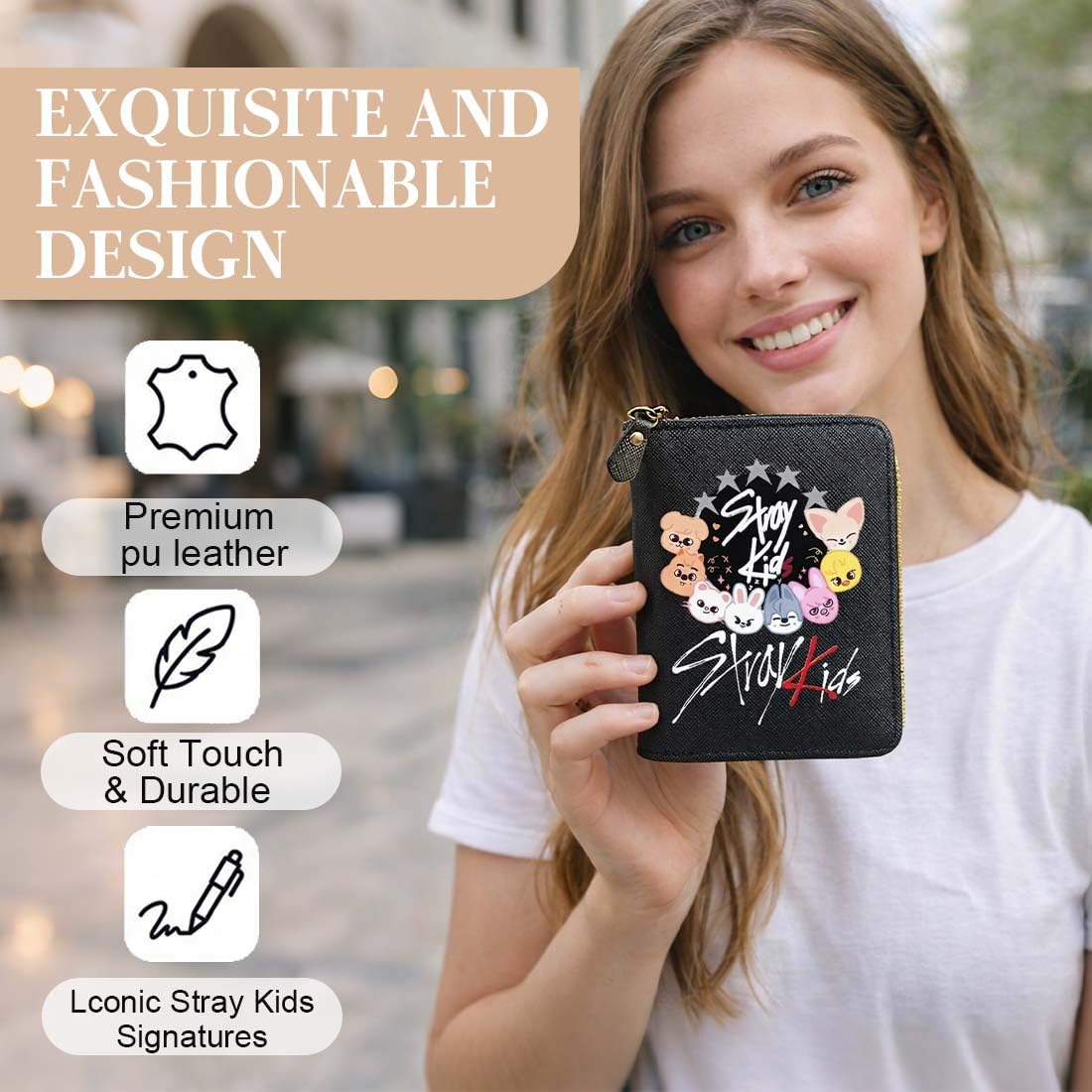 Cartera Negra De Stray Para Niñas, Cartera De Piel Sintética De Stray Con Cremallera, Skzoo Billetera