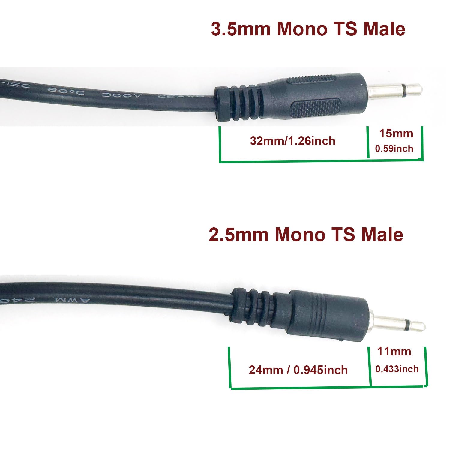 2pcs 1ft 2.5mm Mono Male to 3.5mm Mono Monaural TS Male Jack Plug 12V Trigger Audio Adapter Connector Cable Cord