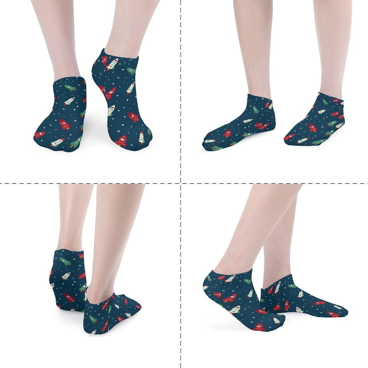 Rocket Snowflake No Show Ankle Socks Low Cut Non Slip Flat Boat Line 5 Pairs Set