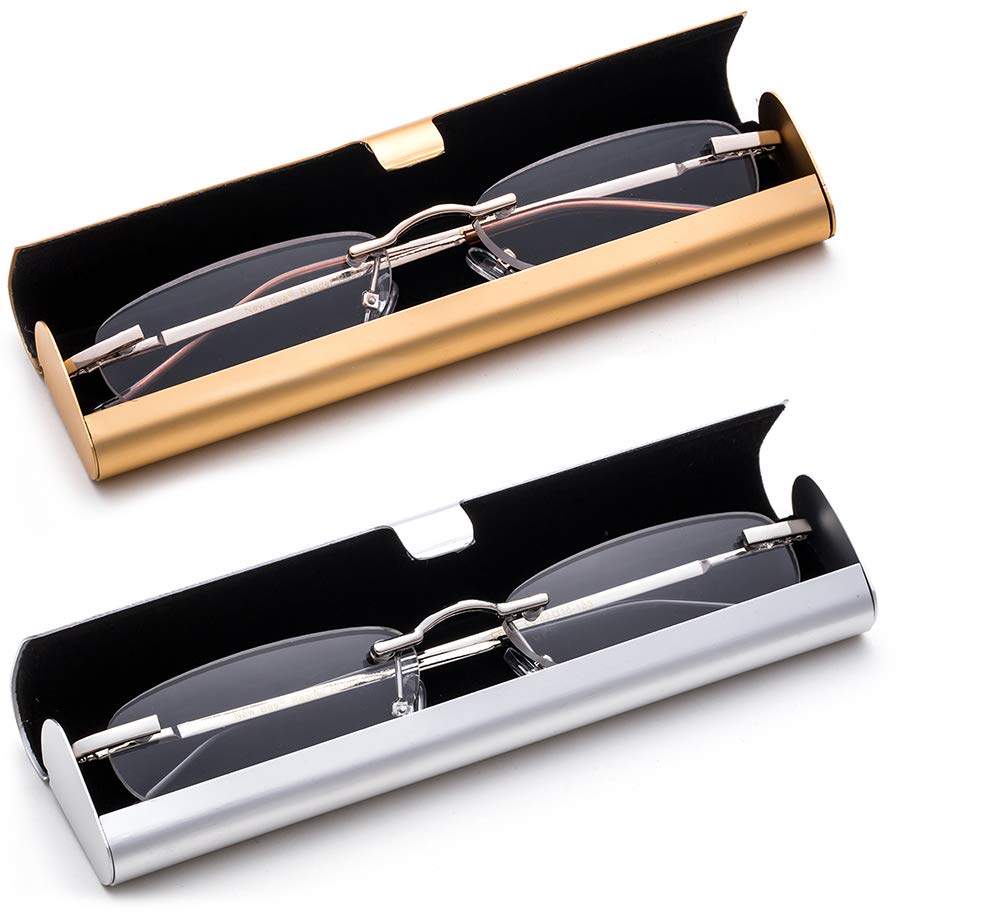 Newbee Fashion-Portable Compact Reading Glasses in Aluminum Case Metal Rectangle Rimless Reading Glasses Super Lightweight Reader Slim Design Comfort