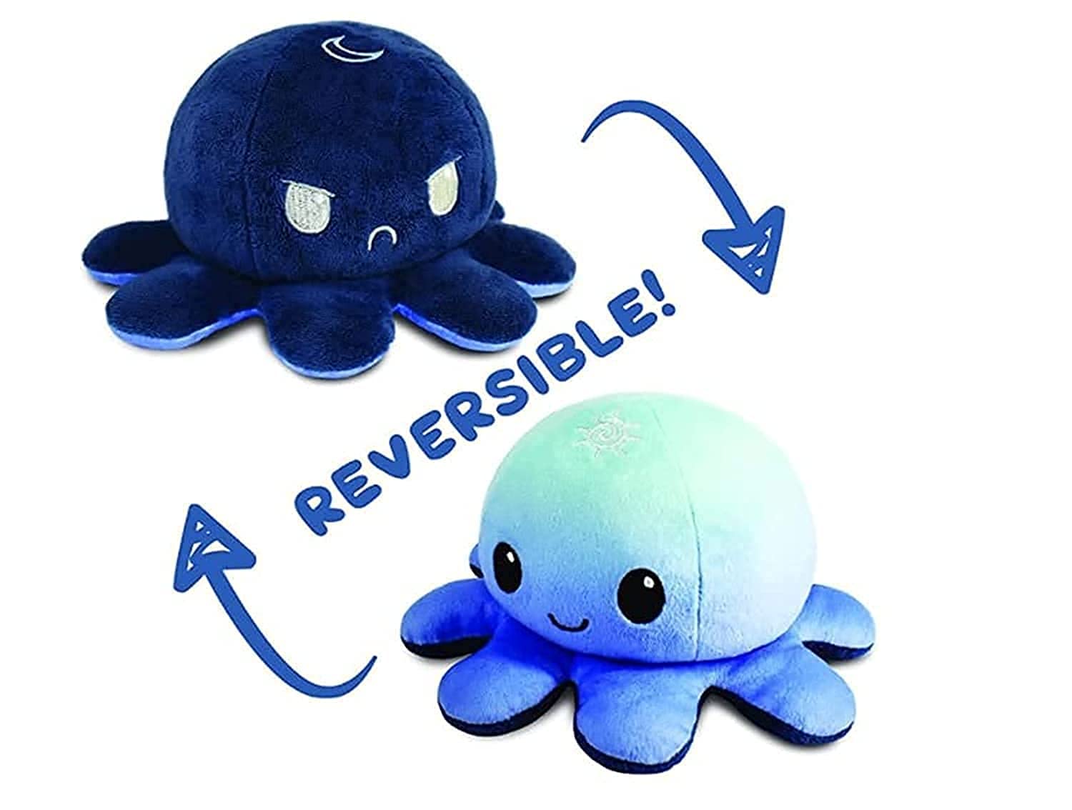 Reversible Octopus Plushie Soft Toys, Double-Sided Flip Stuffed Animal Mood Plush Show Your Mood Without Saying a Word, A Gift for Kids and Decorations, Day and Night (Light + Dark Blue)
