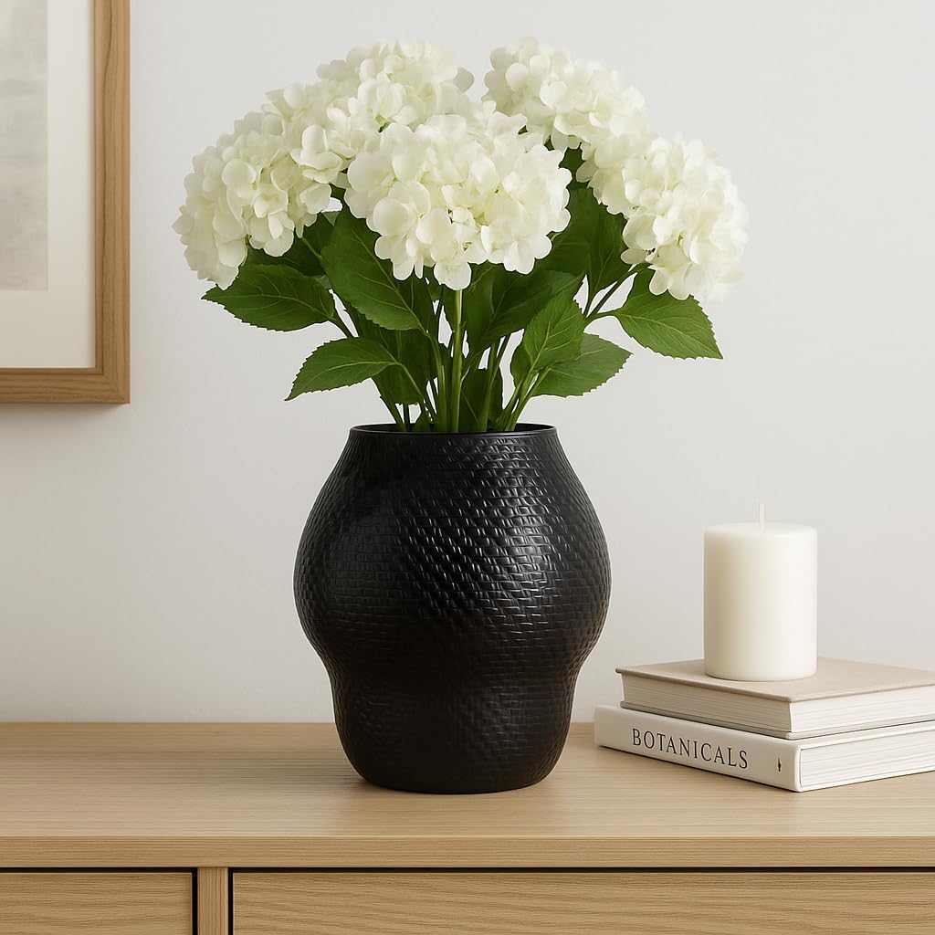 Ceramic Vase for Living Room Decor – Stylish Textured Flower Vase for Home, Bedroom, Office, and Table Decor – A Decorative Item for House or Room Styling – 16", Black