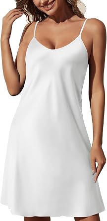 ARCFEETORY Women Satin Nightgown Silk Nightdress V Neck Lingerie Sleepwear Adjustable Spaghetti Strap Short Negligee Chemise
