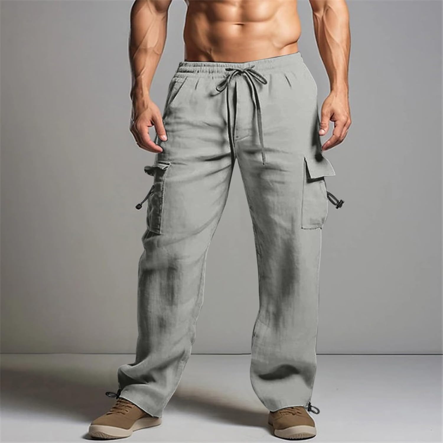 Wankang Mens Cotton Linen Cargo Pants Drawstring Loose Wide Leg Lightweight Pants Casual Yoga Beach Pants with Multi Pockets
