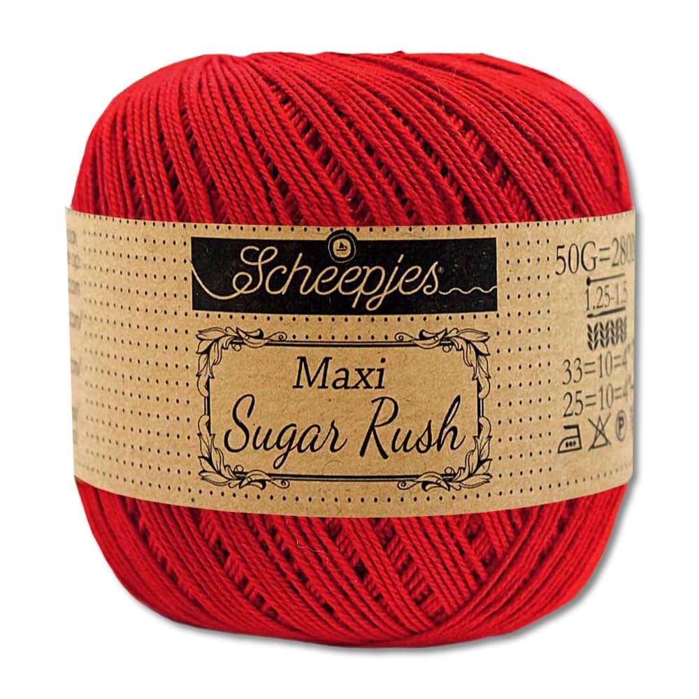 Frida's Wollhaus Scheepjes Maxi Sugar Rush Crochet Yarn Fillet Crochet Cotton, 1.76 oz (50 g), 87 Colors (722 | Red)