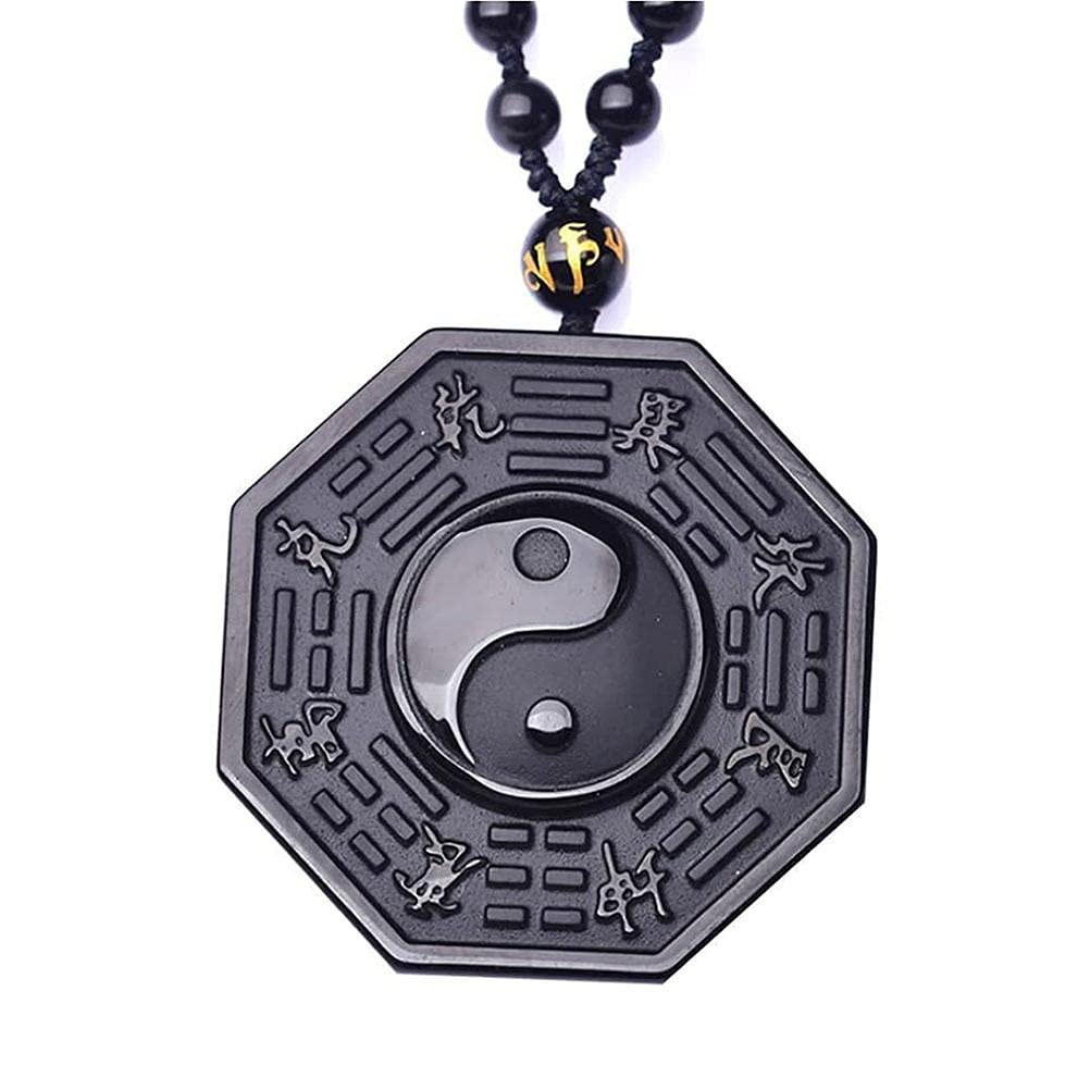 Kagodri Black Obsidian Yin Yang Pendant Necklace Men and Women Retro Amulet Feng Shui Necklace