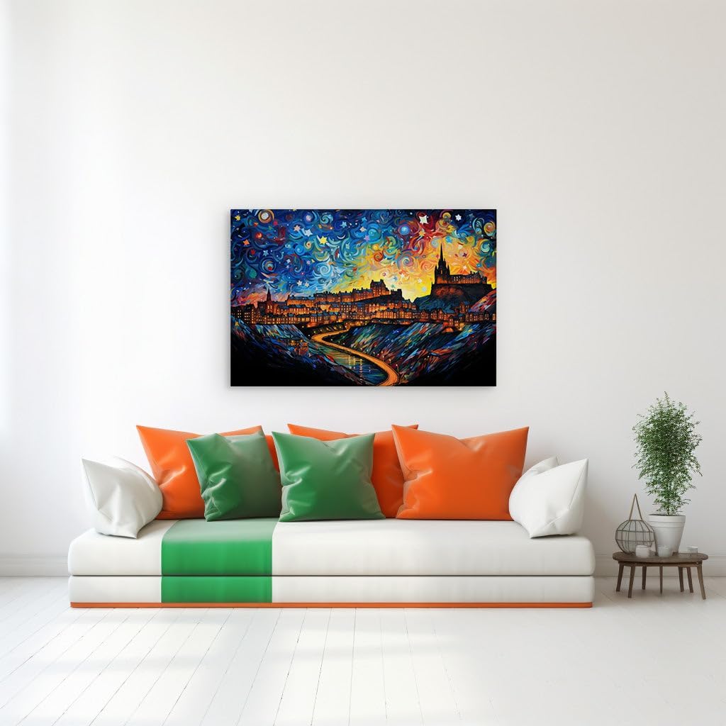 Canvas for Living room. Illuminating Dreamscape: A Nocturnal Vision of Edinburgh's City Lights and Starry Sky, 27 x 18 inch Canvas Wall Art - Ready to Hang
