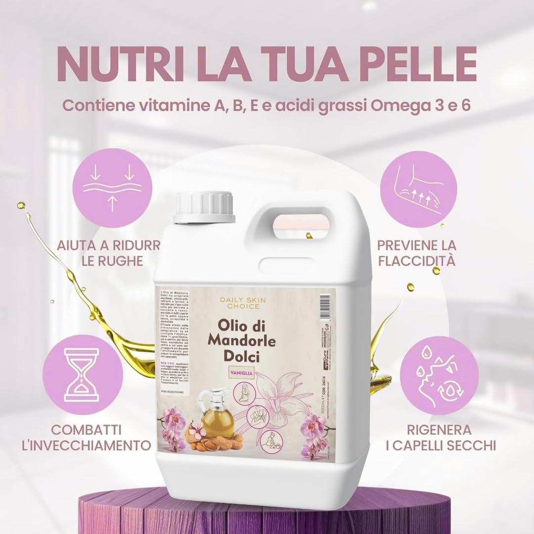 Olio di Mandorle Dolci al Profumo di vaniglia 5 L – Olio Corpo Emolliente e Nutriente per Massaggi, Post-Doccia e Post-Ceretta – Formato Professionale