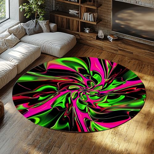 Tapis rond néon abstrait noir rose vert 60cm art moderne
