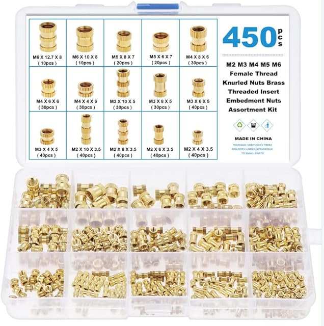 Faankiton 450PCS M2 M3 M4 M5 M6 Female Thread Knurled Nuts, Threaded Insert Embedment Nuts,for 3D Printing Parts Plastic Parts Daily Repair, Brass