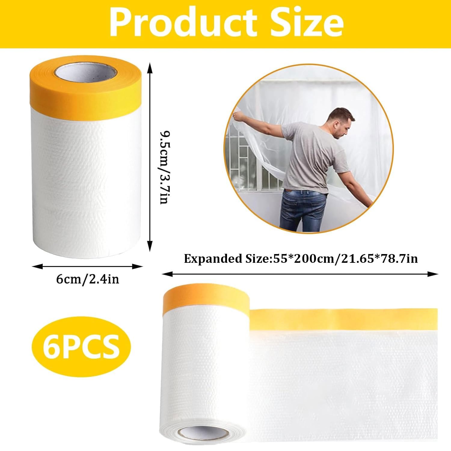 Pellicola di Mascheratura con Nastro Adesivo, 6 Rotolo di Pellicola Coprente con Nastro Adesivo per Pittore Trasparente, Nastro per Pittore Mascherare e Coprire Pittura, 55 cm x 20 m