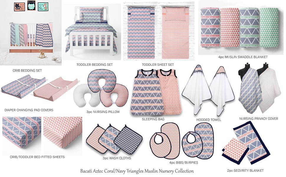 Image of Bacati - Tribal /Aztec Cotton Muslin Fabric Hooded Towels /Wash Cloths(Set of 3) (Set of 3 Wash Cloths, Triangles Coral /Navy)