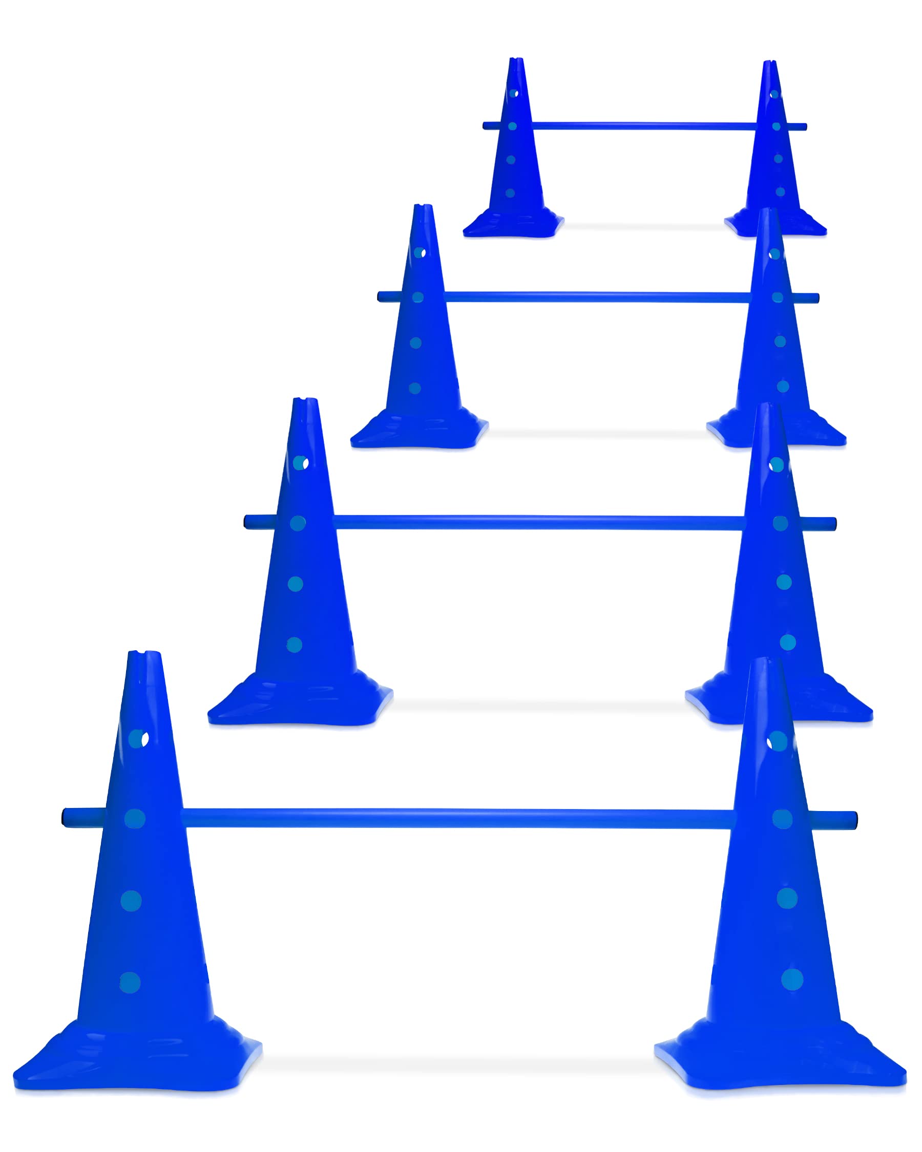 Kombi Kegel-Hürde 50 mit Stangen 100 cm – 4er Set – Parcours-Hindernis für Agility Training – Sprung- & Slalom-Hütchen für Hund, Sport, Pferd & Kind