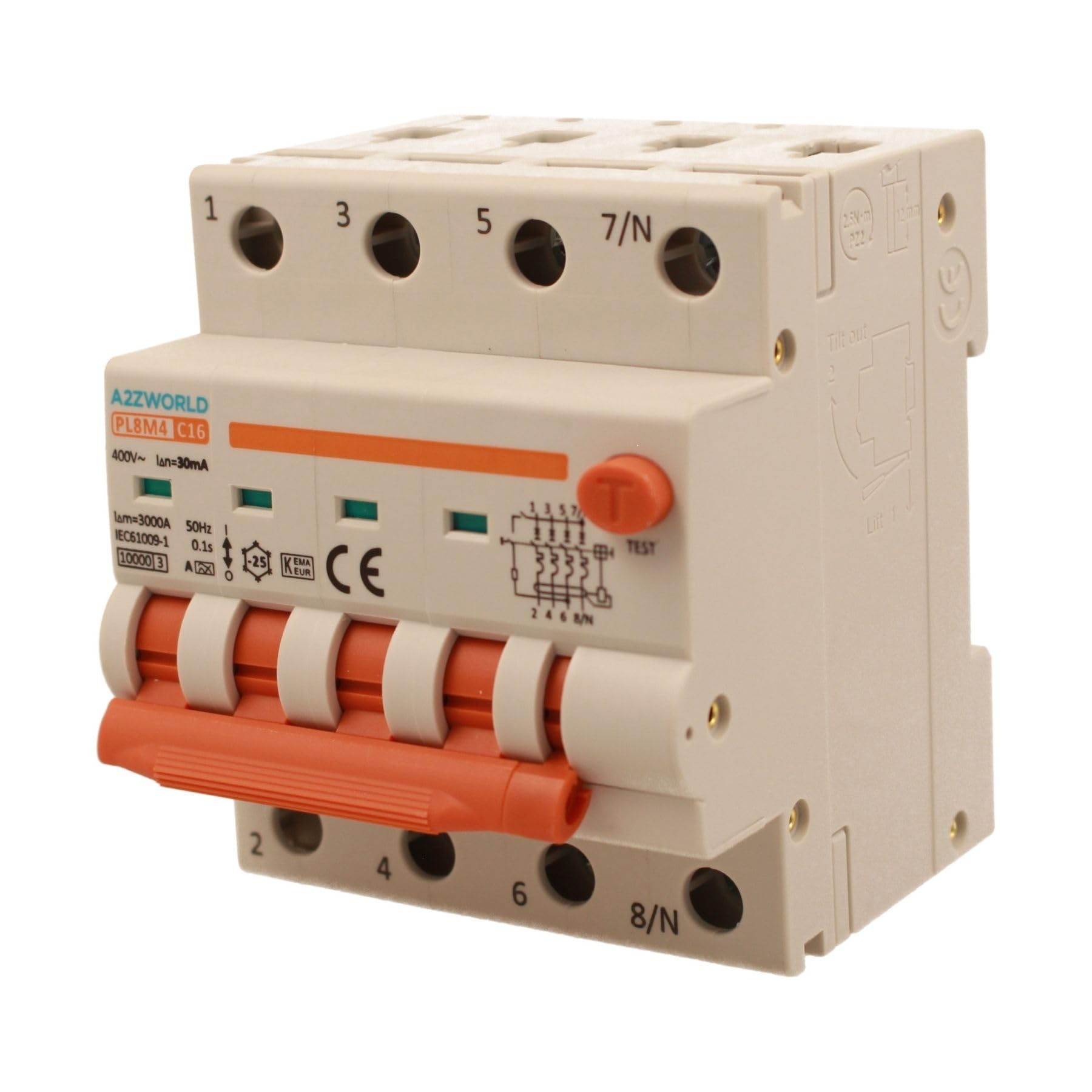 Interruttore Magnetotermico Differenziale Trifase, Tipo A 30mA 16A C16, 400V 4P Reale (NO 3P+N), Curva C 6kA 0,03A, Doppio Leva con Diagnostica Visiva, 4 Moduli DIN