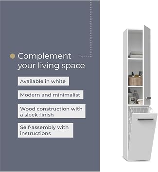 WHATSIZE ENTERPRISE – Nel IV - White Freestanding Cabinet – Wooden Storage Cupboard with Washing Basket - Organise Cosmetics and Toiletries - Furniture to Complement Modern Décor