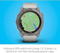 Vista 6 de Garmin Fenix 7X Pro Sapphire Solar, reloj inteligente GPS multideportivo, linterna integrada, carga solar, titanio con banda gris nieblanaranja