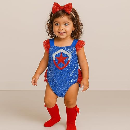 Miniatura 2 de Capatin America inspired baby Girl superhero Halloween Costume Avengers customized baby girl costume superhero girl sequin romper high knee socks