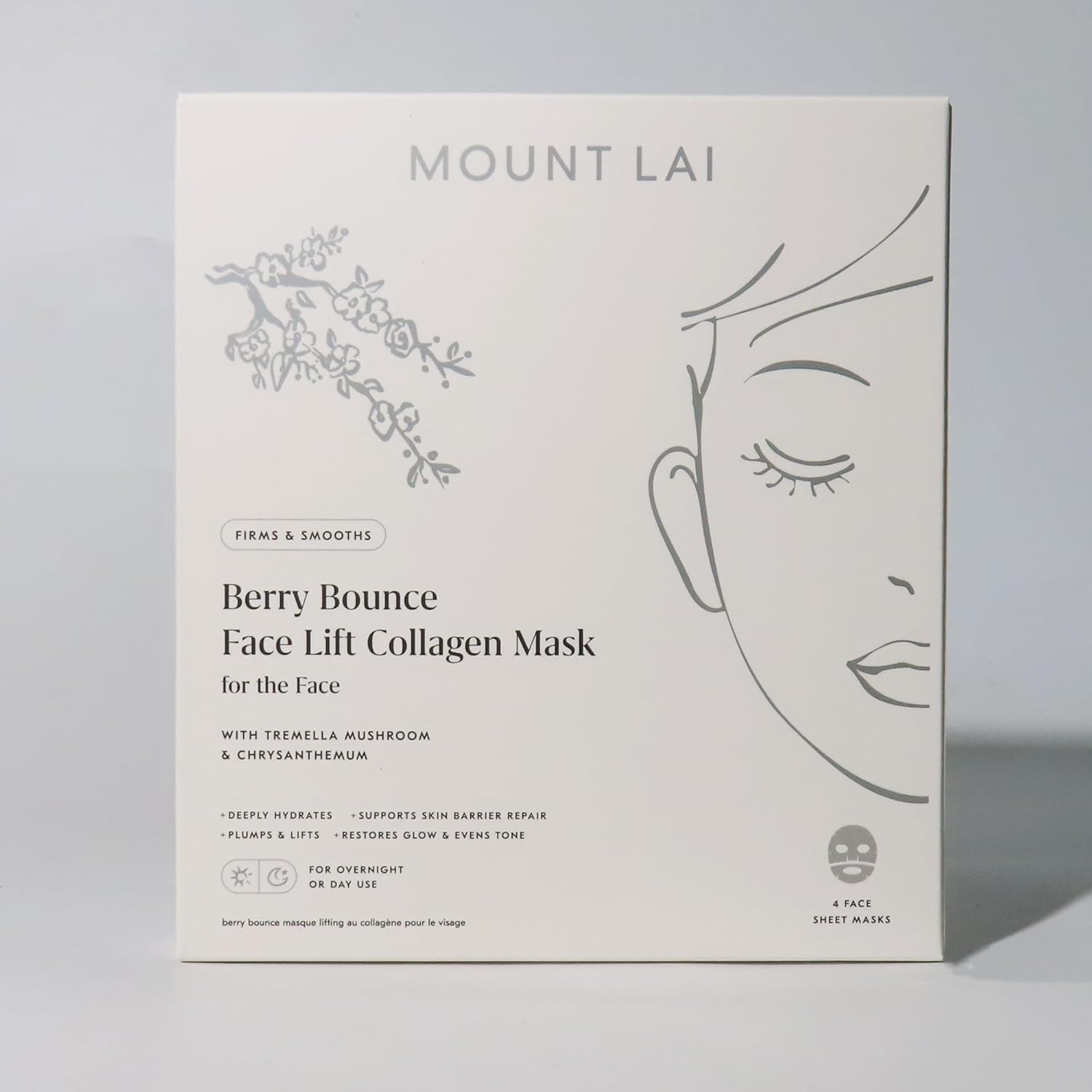 Mount Lai Berry Bounce Overnight Face Lifting Collagen Mask - 4 Pack Sheet Masks with Hyaluronic Acid, Tremella Mushroom & Goji Berry for Plump, Firm, Radiant Skin Appearance