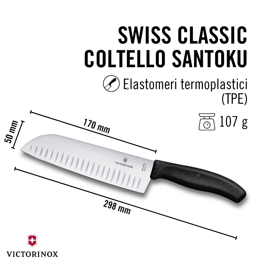 Victorinox Swiss Classic Coltello Santoku, Coltello in stile asiatico, Lama extra-affilata, Forma a bulbo, 17 cm, Acciaio inossidabile, Nero