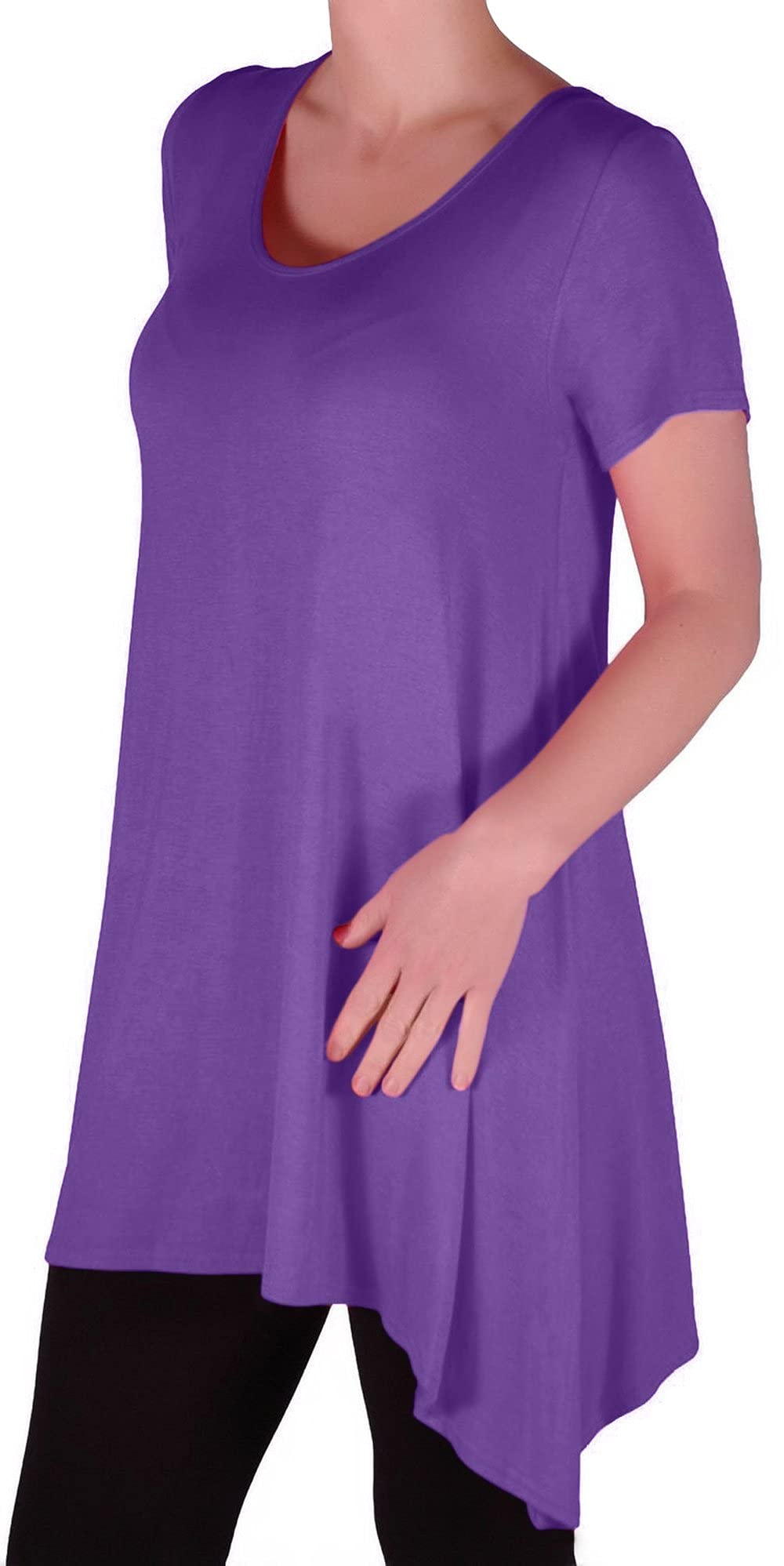 Eye Catch Women's Purple - Geneva Casual Uneven Hem Short Sleeve Loose Plain T-Shirt Tunic Top Size 18