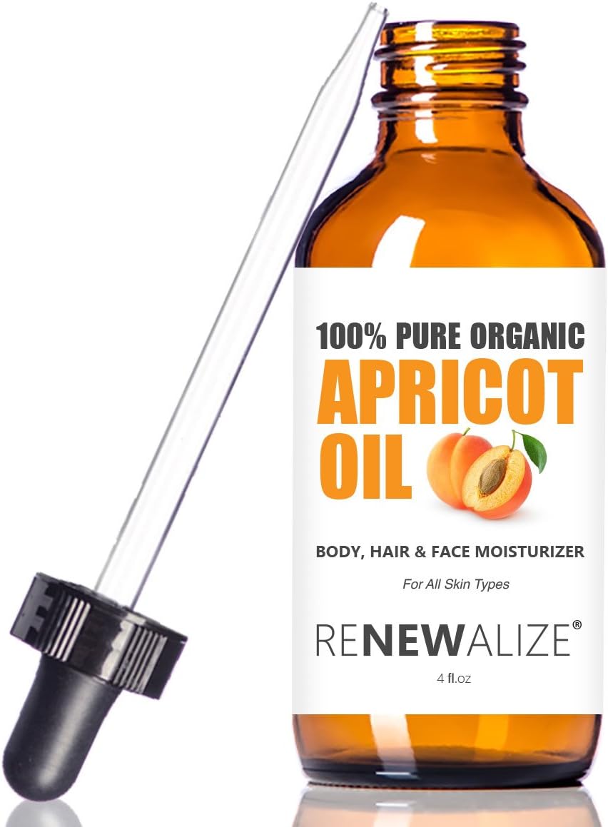 Renewalize Organic APRICOT KERNEL OIL in LARGE 4 OZ. DARK GLASS BOTTLE with Glass Eye Dropper | Highest100% Pure and Unrefined | A Fantastic Light Massage Oil | Softens Dry Skin