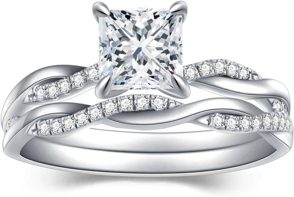 1.19 Carat (ctw) Princess-Cut Twisted Moissanite/Lab-Grown Diamond Bridal Sets Wedding Engagement Ring Sets for Women, White Gold Twisted Wedding Ring Set, Customizable 10K Gold/14K Gold/18K Gold/925 Sterling Silver