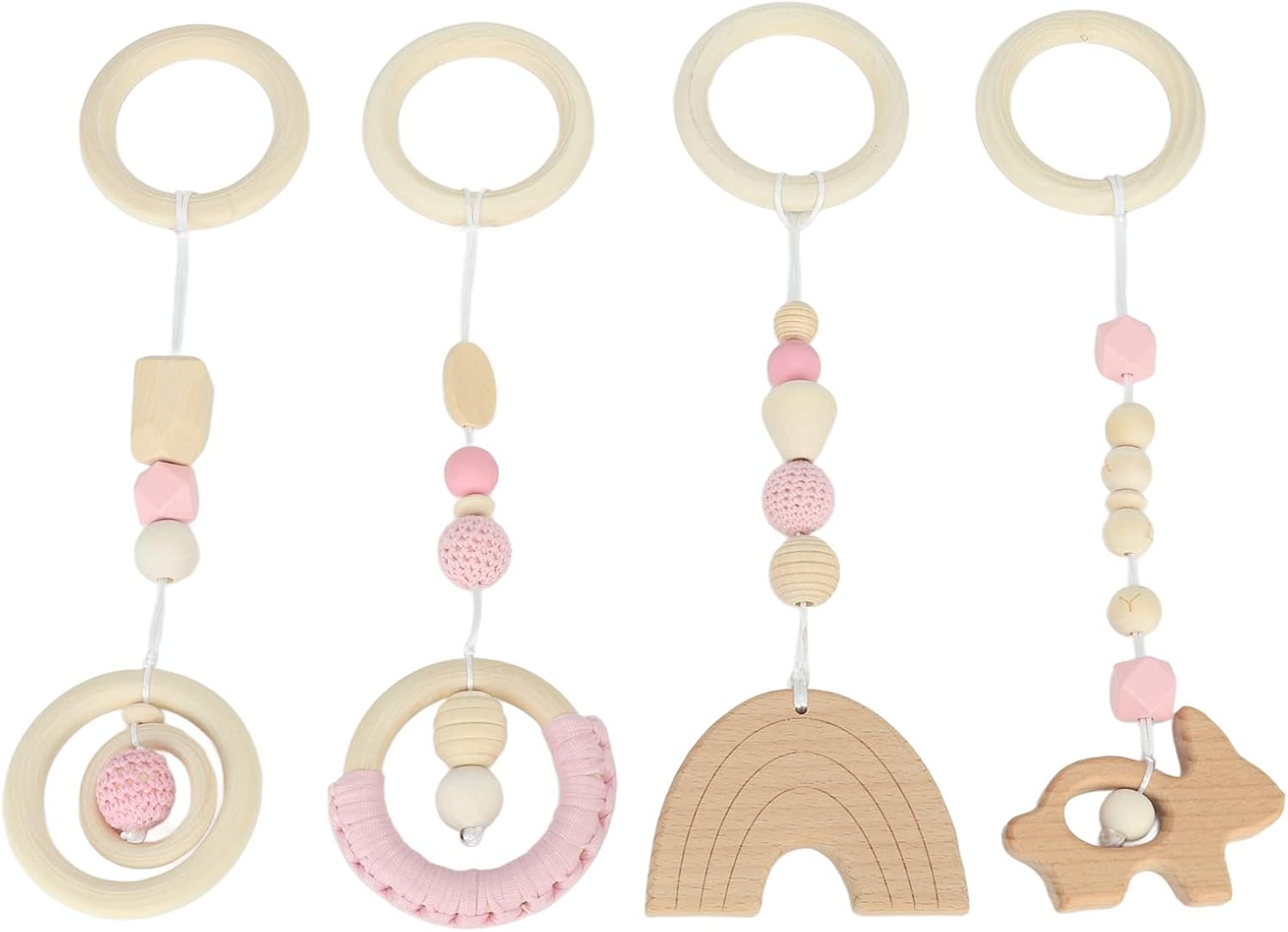 Wooden Hanging Toys, 4Pcs Stroller Pendant Play Gym for Infants | organic beech wood, colorful visual stimulation, portable stroller car seat, fine handcrafted, newborn gift decor