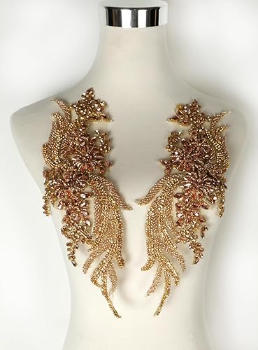 Miniatura 151 de Parches de diamantes de imitación hechos a mano, apliques de cuentas para decoración de vestidos de novia, apliques de flores de oro