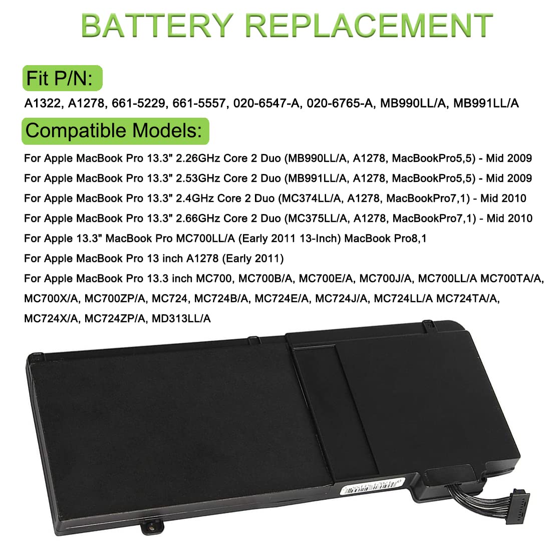 XITAIAN 10.95V 63.5Wh 6000mAh A1322 Kompatybilny z Bateria Zamiennik do A1322 A1278 (Mid 2009 2010 2011 2012) Unibody MacBook Pro 13''
