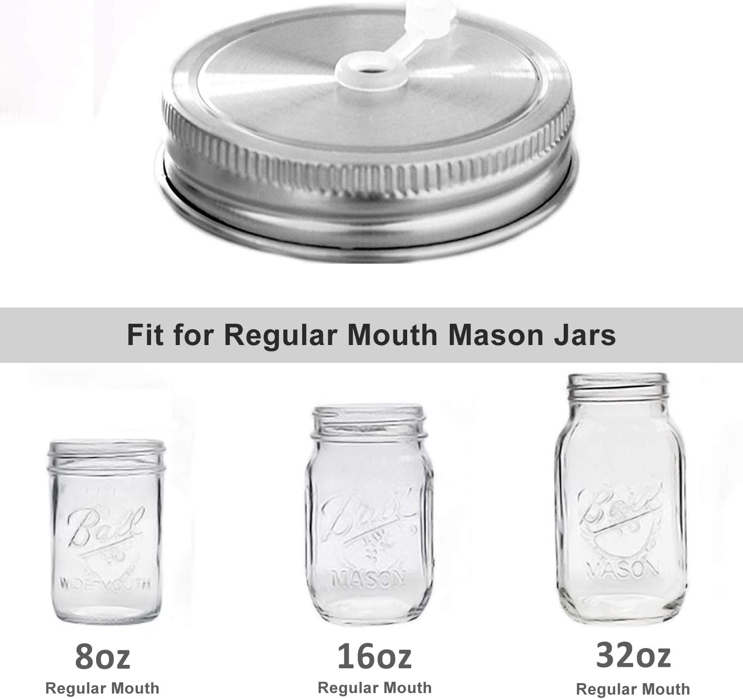6pcs Pack 304 Stainless Steel Regular Mouth Mason Jar Lids with Straw Hole, Silicone Seals, Including 6pcs Stainless Steel Straws and 1pcs Cleaning Brush, Compatible with Ball & Kerr Mason Jars