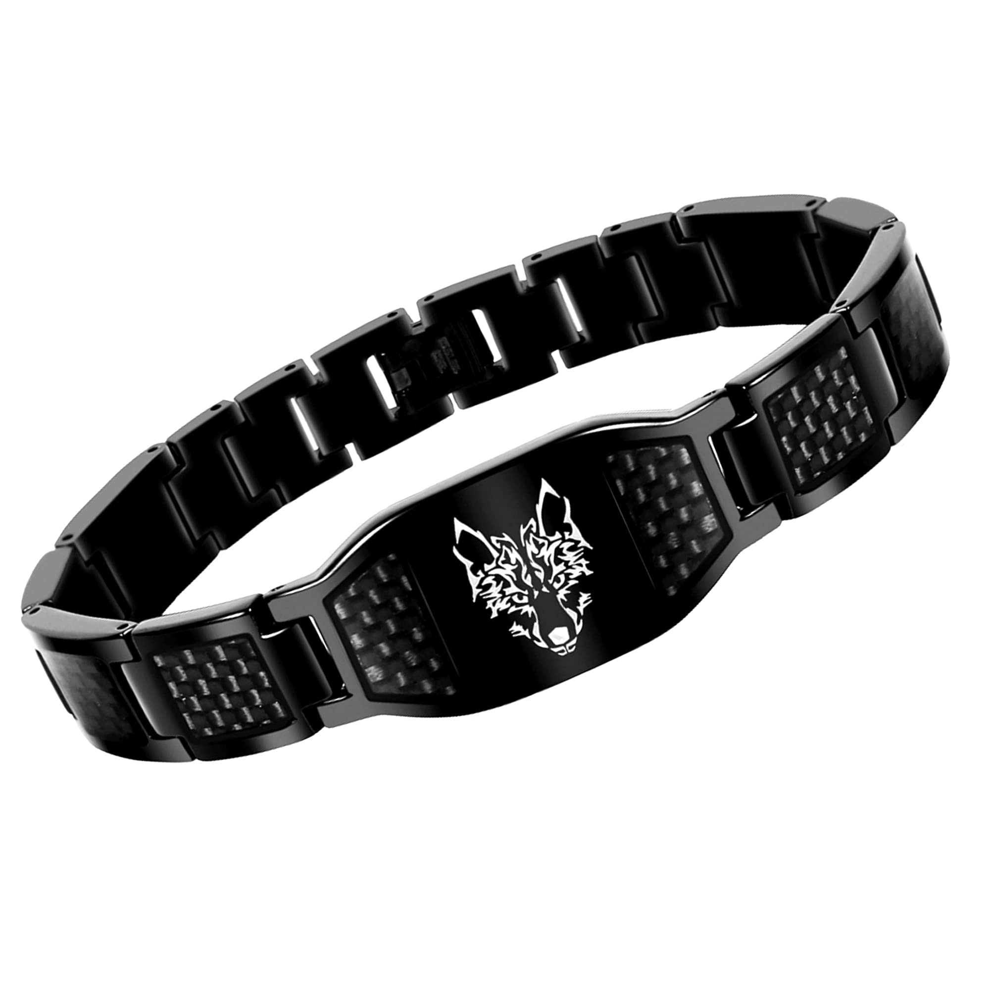 KRFITYA Stainless Steel Wolf Link Bracelet, Carbon Fiber Adjustable Wristband Viking Jewelry Gift for Him