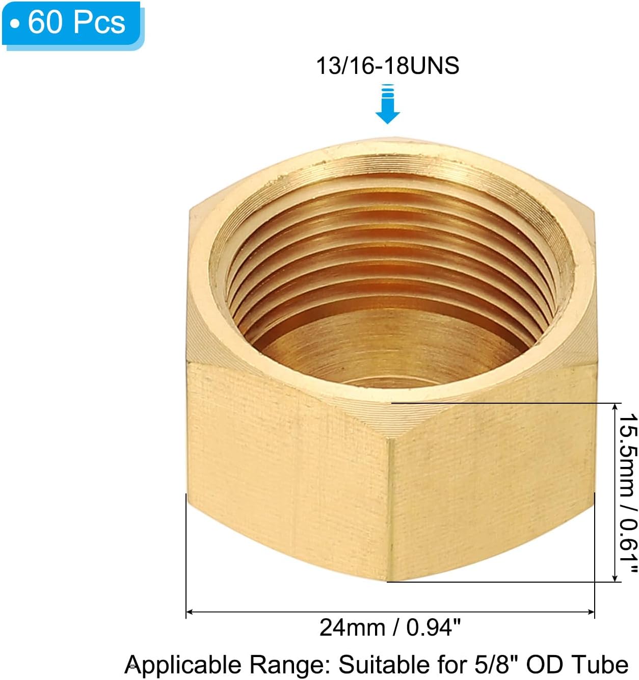 PATIKIL 5/8" Brass Compression Cap Stop Valve Cap, 60Pcs Hex Thread Pipe Fitting Tubing Ends Sealing Cap for Air Conditioner, Water, Air, Gas Line