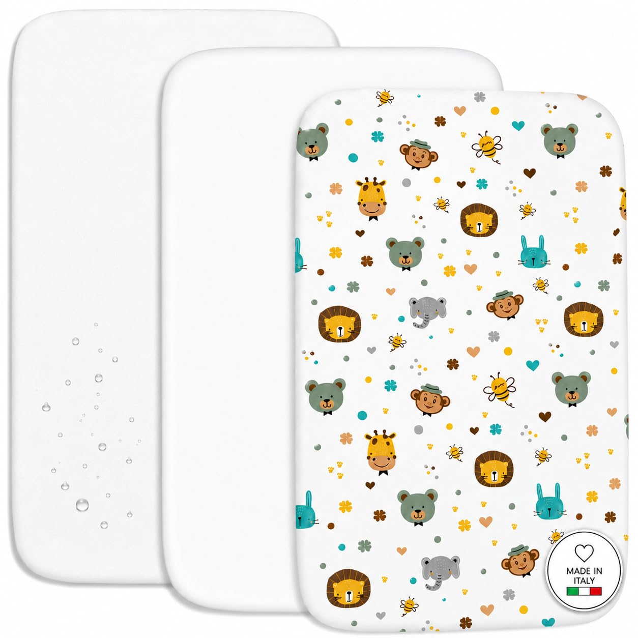 FlyIdeas Bedside Crib Fitted Sheets 83 x 50 cm Set with Waterproof Mattress Protector – 2 Baby Sheets 100% Cotton – Soft & Breathable for Next to Me Crib & Co-Sleeping Crib