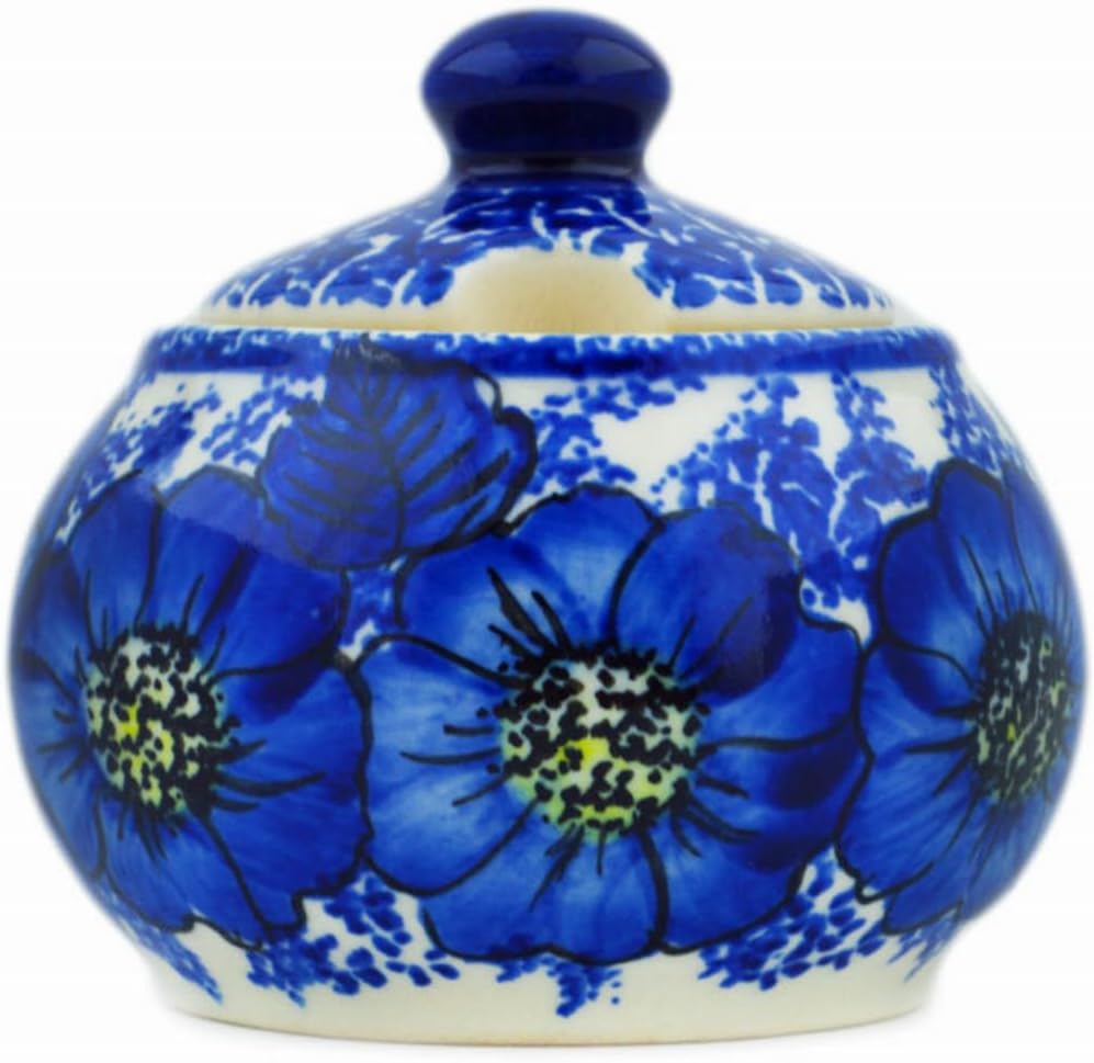 Polmedia Polish Pottery Sugar Bowl 6 oz UNIKAT - Blue Poppy Dream Pattern Handmade in Boleslawiec Poland by Ceramika Bona + Certificate of Authenticity