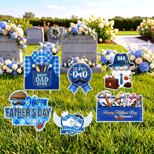 Sieral 6 Pcs Happy Fathers Day in Heaven Decoration Funny Funeral Grave Birthday Sign with Stake for Dad Waterproof Outdoor Garden Grave Decor Cemetery Memorial Sign for Remembrance Memory