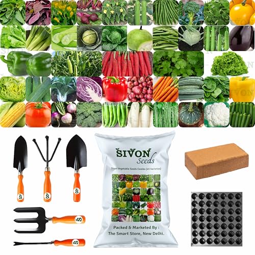 Image of SIVON Vegetable Seeds Combo For Your Home Garden 45 Varieties (2000 Seeds)+Garden Tools Set of 5 + Coco Peat Brick(Expands upto 5 Kg)&Germination Tray(49 Holes)