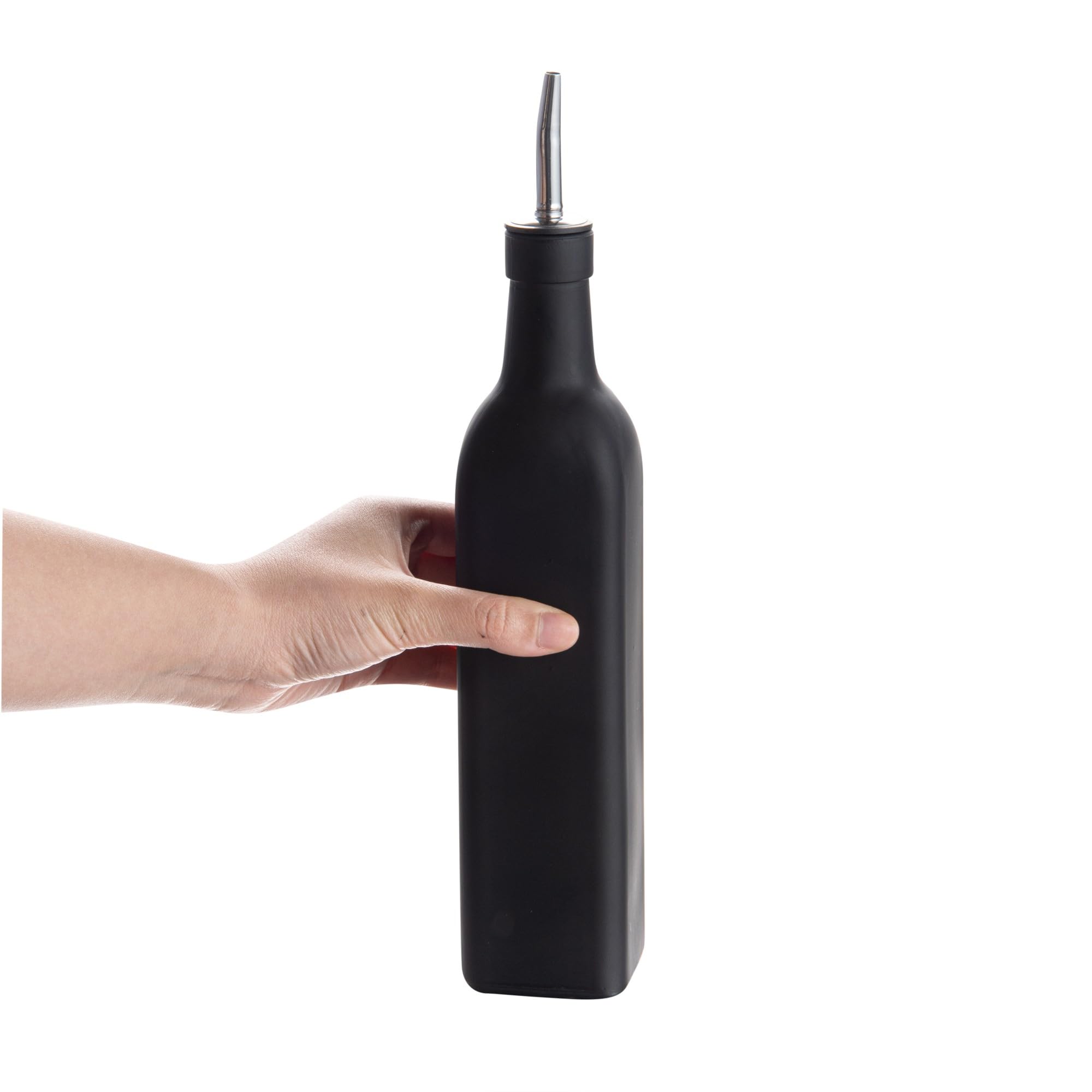 RW Base - Dispensador de aceite de oliva de vidrio negro de 17 onzas, con vertedor de acero inoxidable, 2 1/4 pulgadas x 2 1/4 pulgadas x 12 1/2 pulgadas, 1 caja