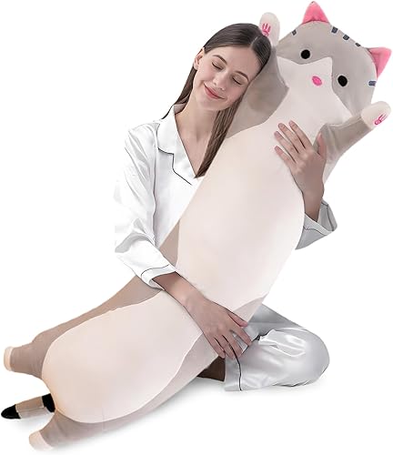 Shangman - Adorable almohada de peluche con diseño de gato de caricaturas, suave almohada larga para dormir, juguete, regalo para niños o novia,